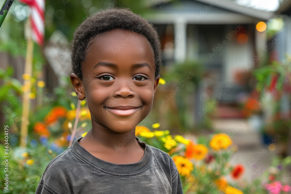 Joyful Young Black Boy Holding Flag at July 4th Family Garden Party Joyful Young Black Boy Holding Flag at July 4th Family Garden Party