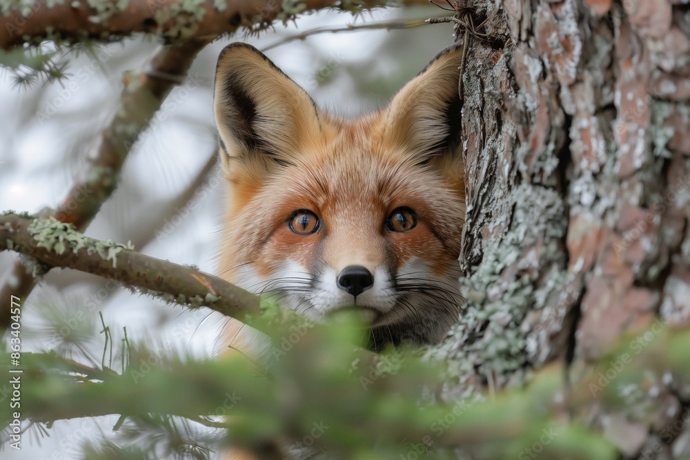 Obraz premium Red Fox Peeking From Behind Tree Branches In Winter Forest