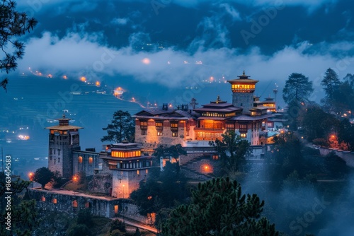 Captivating scene of Wangdue Phodrang Dzong in Wangdue Phodrang Bhutan at dusk  photo