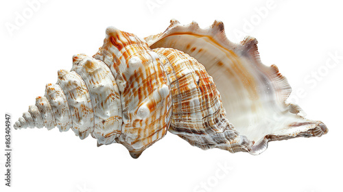 A large, spiraled seashell with intricate patterns and a pearlescent sheen, isolated on a black background.