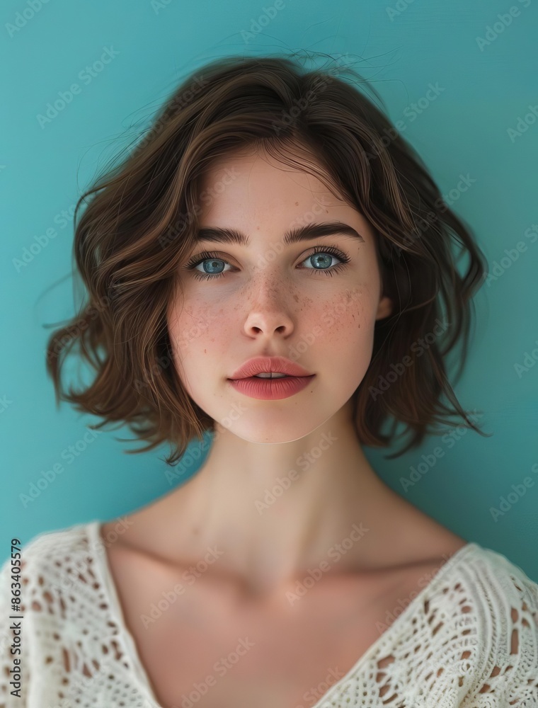 Portrait of an attractive woman with brown hair and a short bob hairstyle, looking straight into the camera against a neutral background Portrait of an attractive woman with brown hair and a short bob hairstyle, looking straight into the camera against a neutral background
