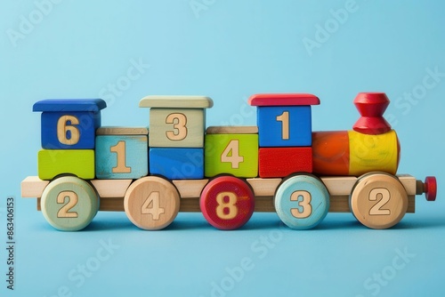 wooden number train vintagestyle toy locomotive with colorful numbered cars on pastel blue background