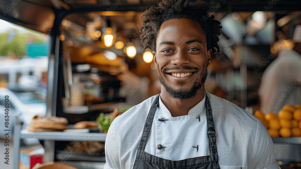 Fototapeta premium Portrait of smiling young African American male chef in apron at food truck street market