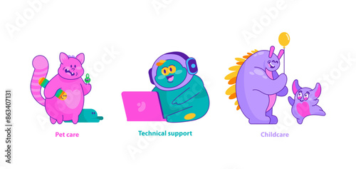 Monster Helpers set. Vector illustration.