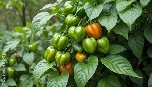 Habaneros growing on a plant with lush green leaves in a garden photo