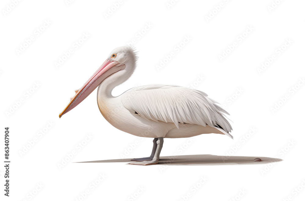 A white pelican with a large beak stands on a sandy beach, looking to the side. Its feathers are ruffled by the breeze. A white pelican with a large beak stands on a sandy beach, looking to the side. Its feathers are ruffled by the breeze.