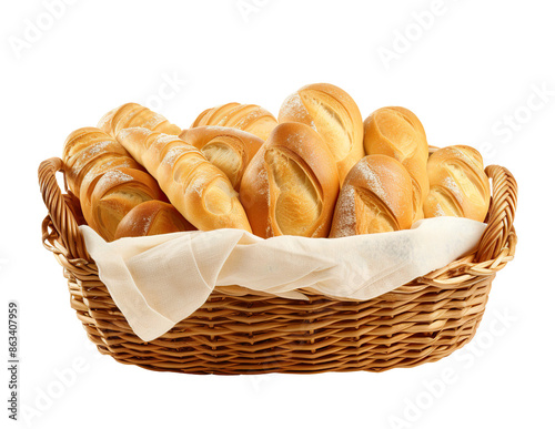 Wicker basket full of various bread loaves isolated cutout on transparent or white background.