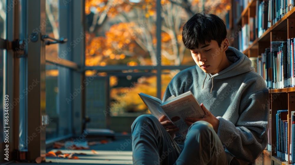 A young man is sitting in a library reading a book A young man is sitting in a library reading a book