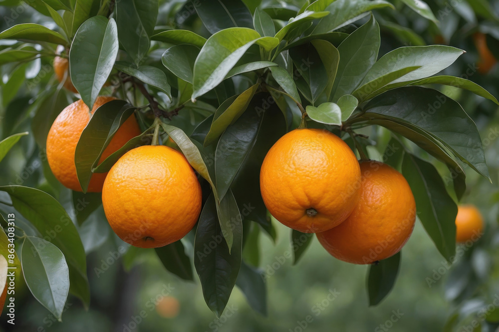 Bright orange fruits hang from a tree amid vibrant green leaves. The oranges are ripe and ready for picking in this lush setting. Bright orange fruits hang from a tree amid vibrant green leaves. The oranges are ripe and ready for picking in this lush setting.
