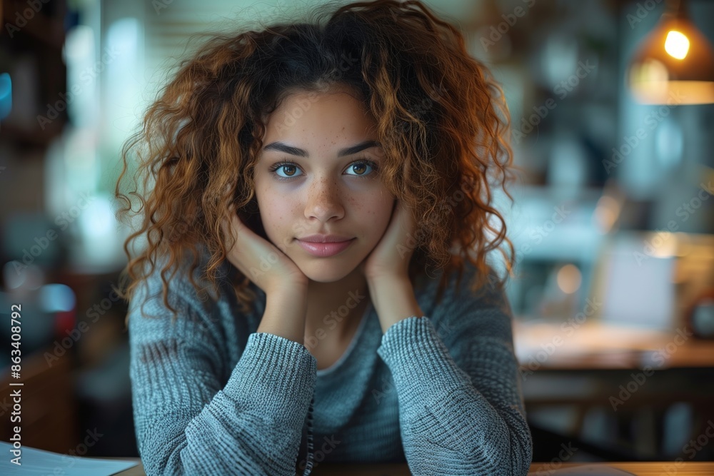 Young Woman With Curly Hair Posing For a Portrait In a Cafe Young Woman With Curly Hair Posing For a Portrait In a Cafe