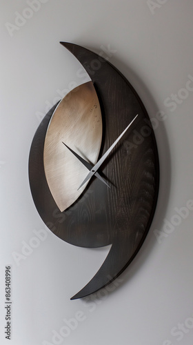 Contemporary Abstract Wall Clock in Dark Wood and Metal