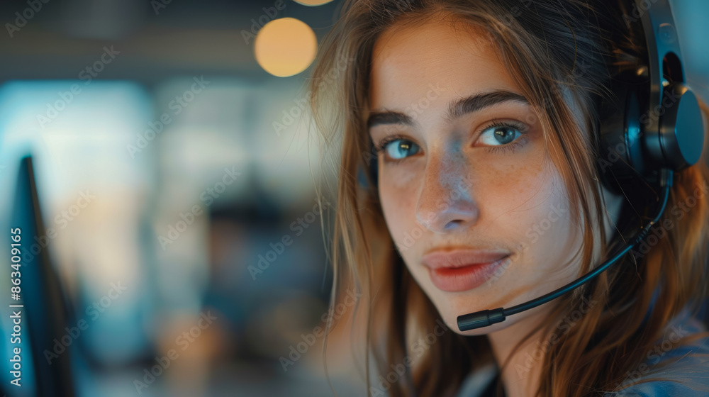 A woman wearing a headset is smiling at the camera A woman wearing a headset is smiling at the camera