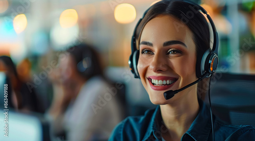 A woman wearing a headset and smiling, Call center operator