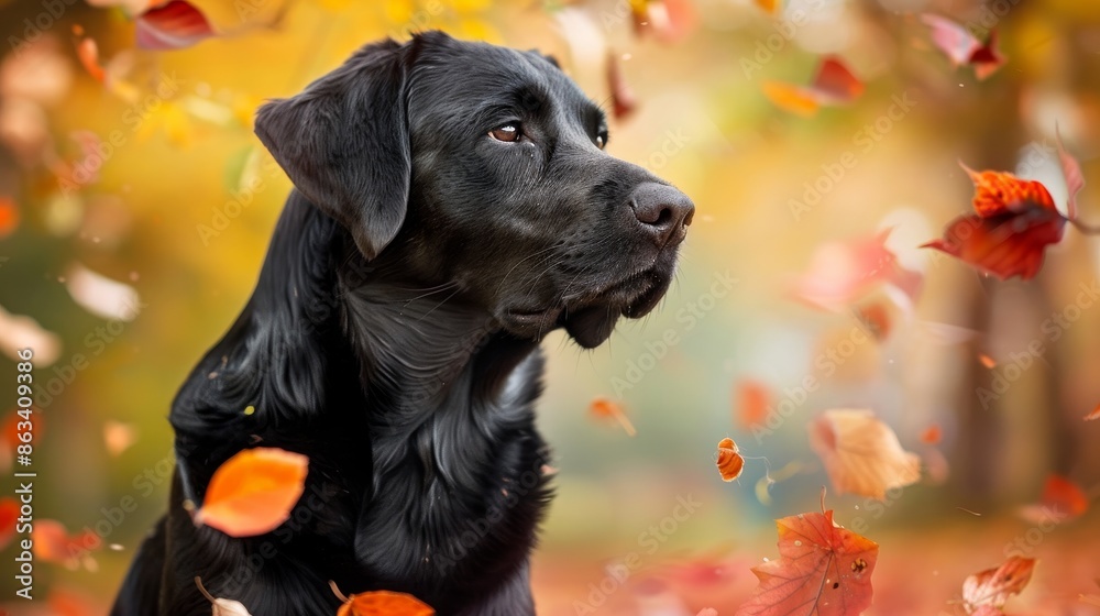 Black Labrador retriever seated in an autumn field, vibrant orange and yellow foliage, gentle breeze rustling through the grass Black Labrador retriever seated in an autumn field, vibrant orange and yellow foliage, gentle breeze rustling through the grass