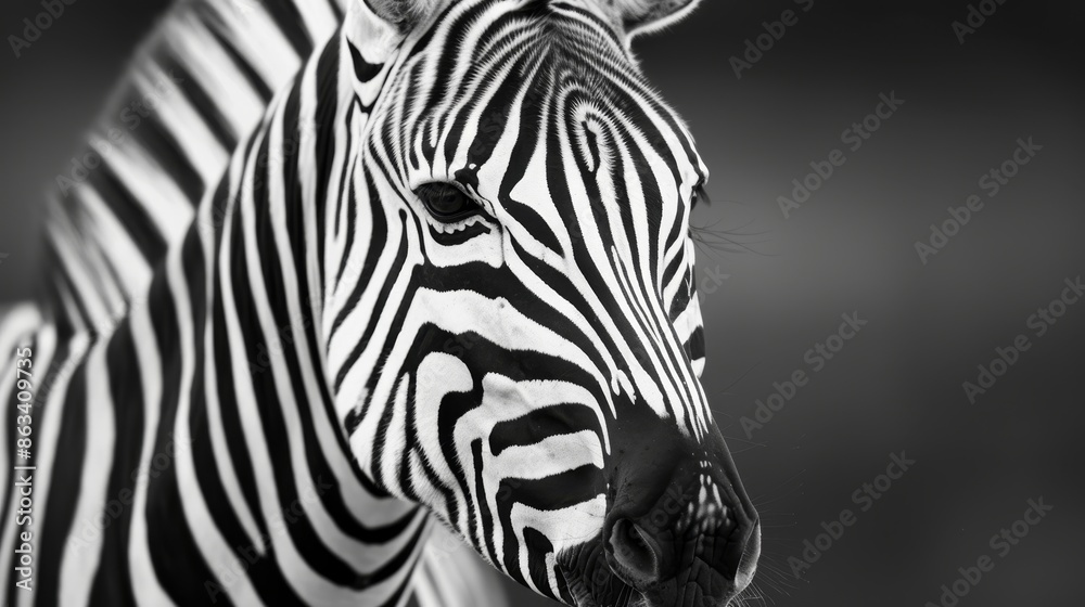 Fototapeta premium Close-up of a zebra stallion's head in an African meadow, intricate black & white detail, focus on unique stripe patterns