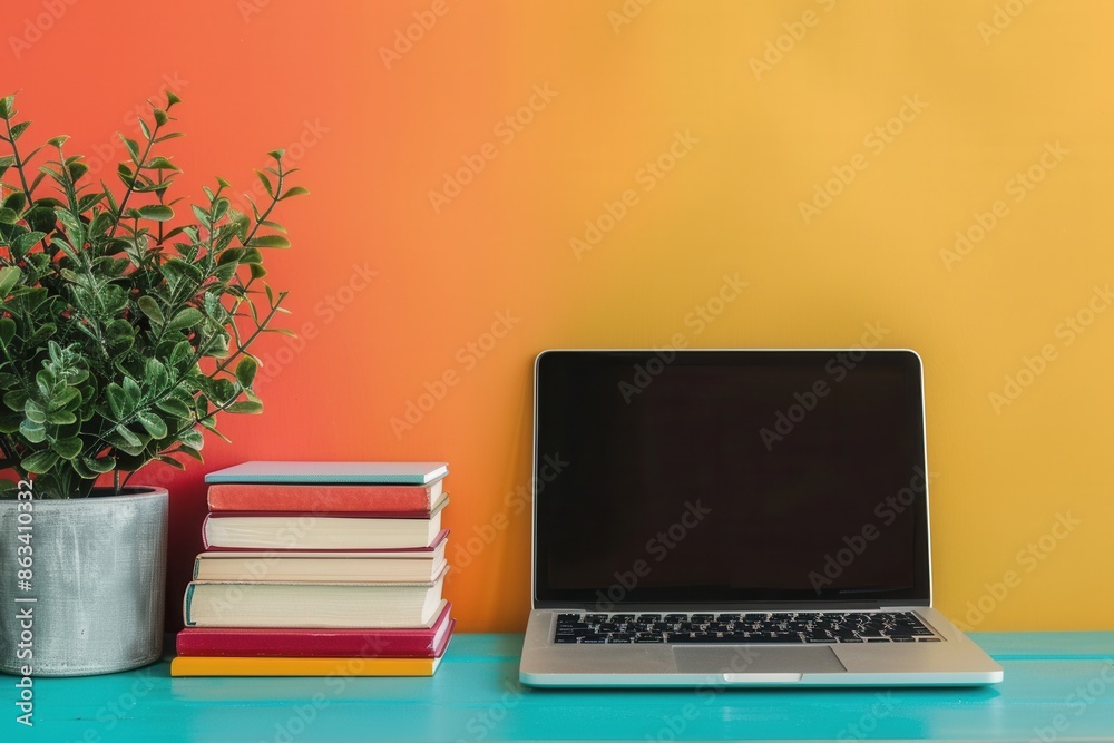 Fototapeta premium A laptop sits open on a teal desk, next to a stack of textbooks, against a colorful wall. Generative AI