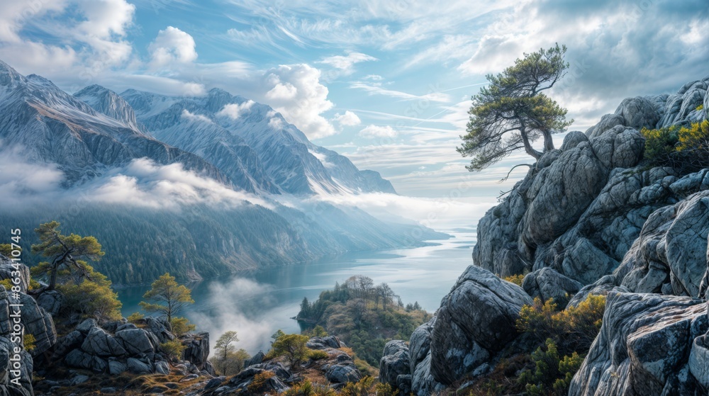 Obraz premium Scenic mountain landscape with a tree on a rocky outcrop and mist over a lake