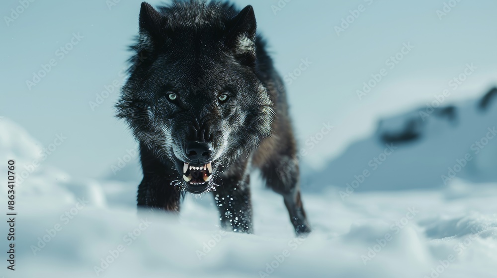 Naklejka premium Detailed shot of a black wolf growling menacingly, surrounded by the pristine, snowy landscape of the North Pole