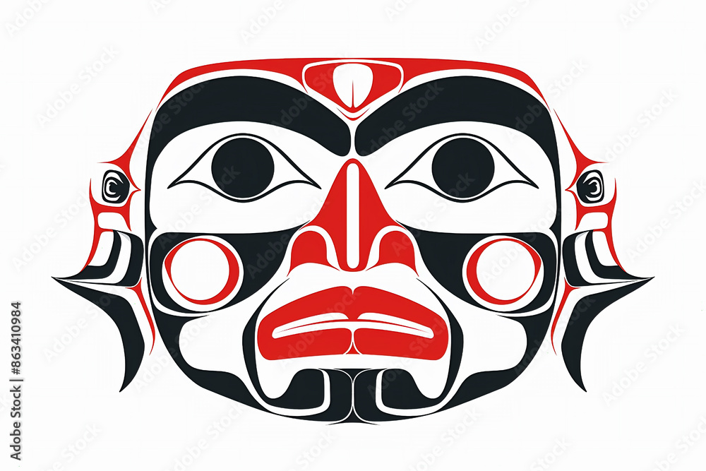 Traditional Inuit Haida folk art of a stylized face mask in textured black, white and red and blue for logo or tattoo. Pacific Northwest Hida art. Traditional Inuit Haida folk art of a stylized face mask in textured black, white and red and blue for logo or tattoo. Pacific Northwest Hida art.