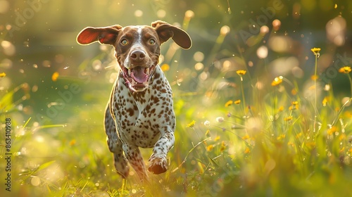 Energetic German Shorthaired Pointer with a bright smile runs freely in a lush, colorful meadow, green grass swaying under the spring sun photo