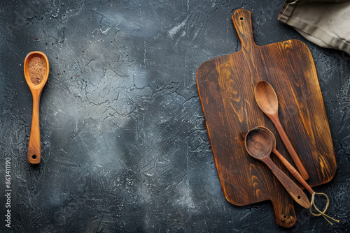 rustic wooden kitchen utensils on dark textured background top view culinary tools photography photo