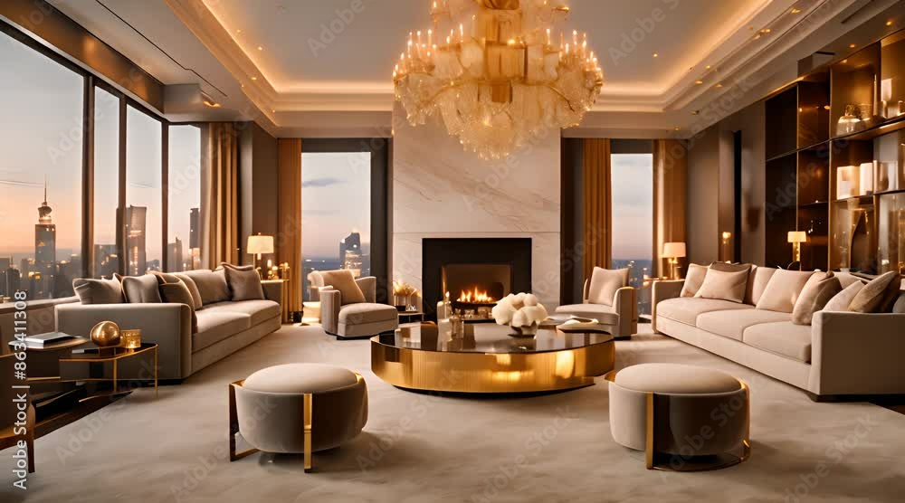 A luxury living room with plush velvet sofas, golden accents, and a grand chandelier.