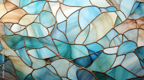 Abstract Stained Glass Design Featuring Soft Blue and Warm Beige Tones in a Flowing Pattern photo