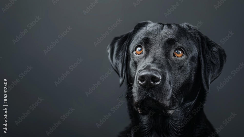 Majestic black labrador retriever, head shot on dark grey background, intricate fur details, calm expression, professional lighting Majestic black labrador retriever, head shot on dark grey background, intricate fur details, calm expression, professional lighting