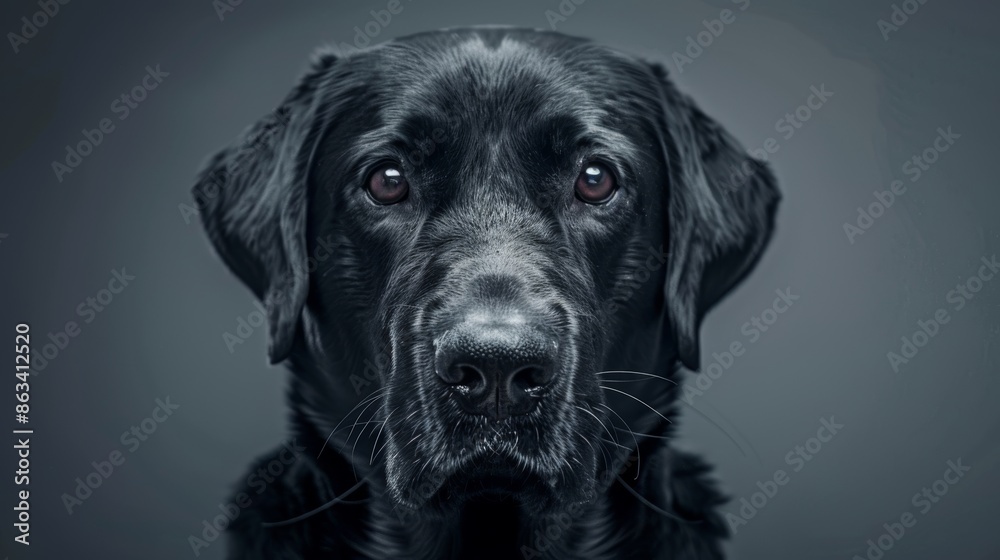Majestic black labrador retriever, head shot on dark grey background, intricate fur details, calm expression, professional lighting Majestic black labrador retriever, head shot on dark grey background, intricate fur details, calm expression, professional lighting