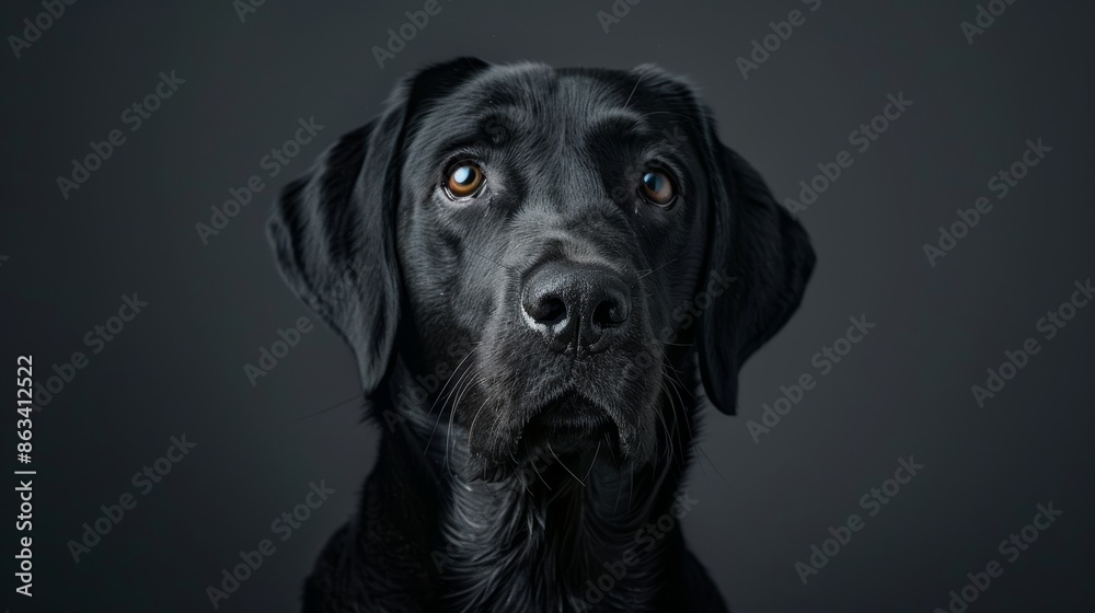 Majestic black labrador retriever, head shot on dark grey background, intricate fur details, calm expression, professional lighting Majestic black labrador retriever, head shot on dark grey background, intricate fur details, calm expression, professional lighting