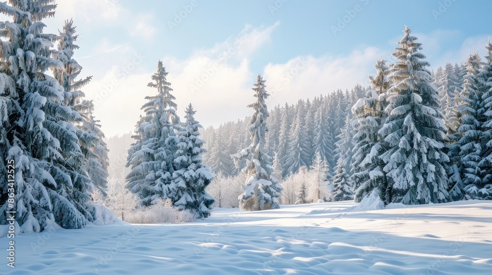 Winter holiday magic with snowy landscape and evergreen trees Winter holiday magic with snowy landscape and evergreen trees
