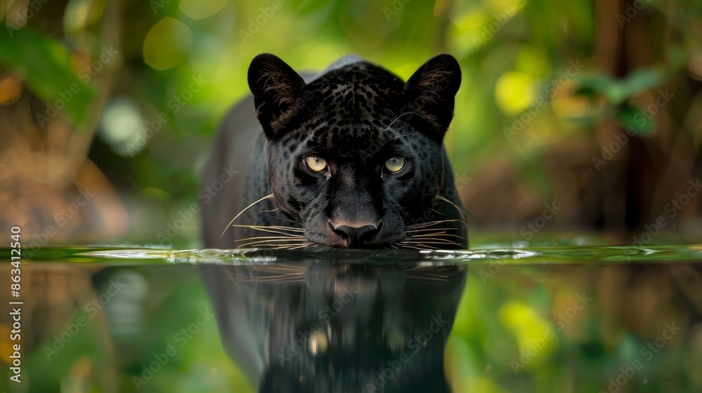 Majestic black panther silently stalking its prey in a water forest, reflections in the water enhancing the mystery and stealth Majestic black panther silently stalking its prey in a water forest, reflections in the water enhancing the mystery and stealth