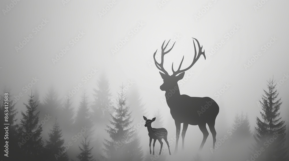 Majestic deer with intricate antlers, doe, and fawn in a mystical misty forest, surrounded by tall coniferous trees, black and white silhouettes Majestic deer with intricate antlers, doe, and fawn in a mystical misty forest, surrounded by tall coniferous trees, black and white silhouettes