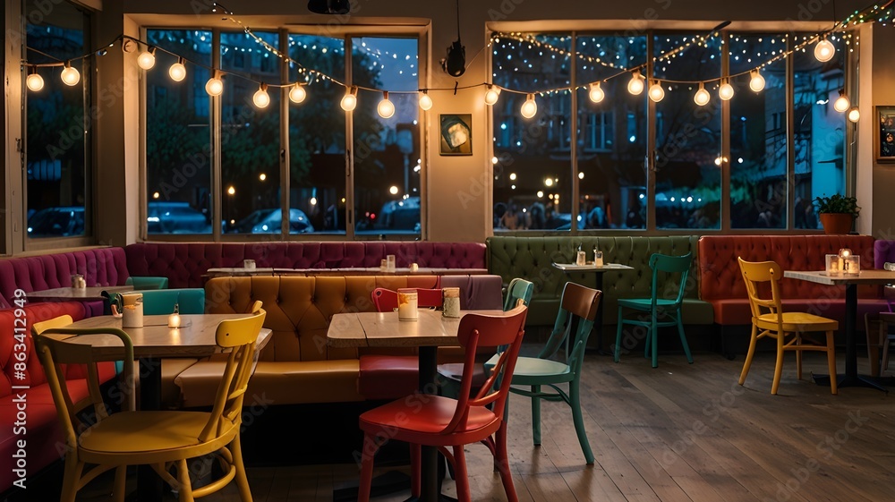 A whimsical cafe with colorful, mismatched chairs and fairy lights.
A whimsical cafe with colorful, mismatched chairs and fairy lights.