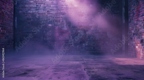 Dim vacant space with aged brick walls concrete floor haze and violet abstract light nocturnal scene