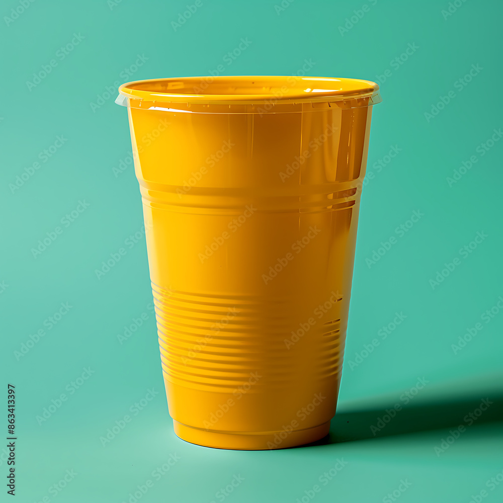 Yellow plastic cup on green background. Minimal concept. 3d render Yellow plastic cup on green background. Minimal concept. 3d render