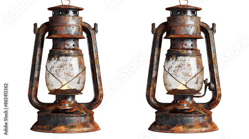 Two vintage kerosene lanterns, rusty and worn, stand side by side.  The glass panes are cracked and cloudy, suggesting years of use.