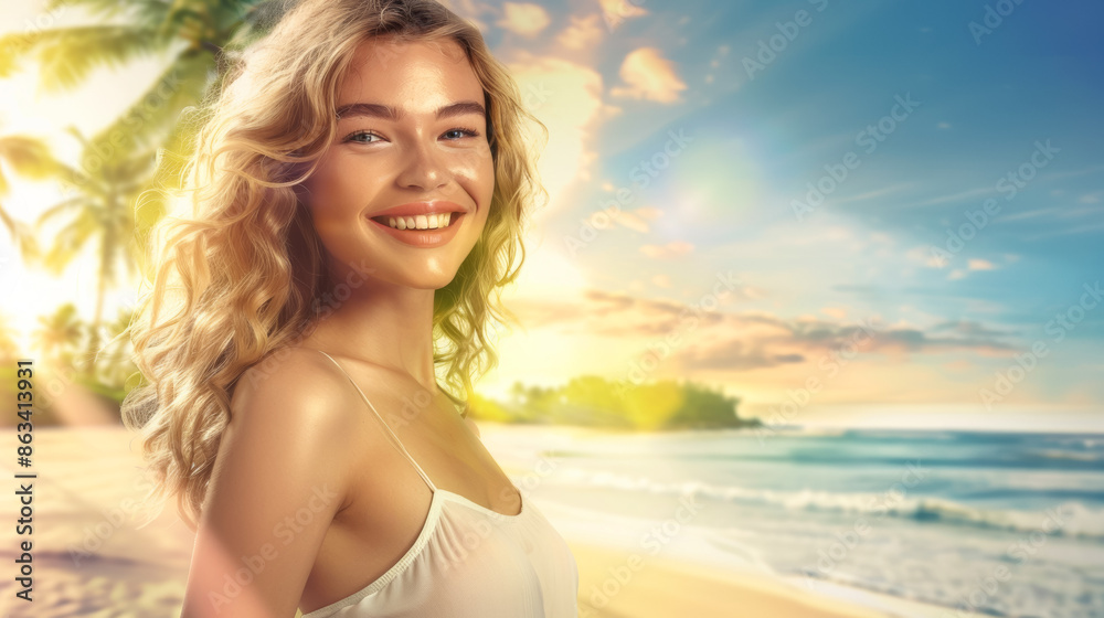 A woman with blonde hair is smiling at the camera on a beach A woman with blonde hair is smiling at the camera on a beach