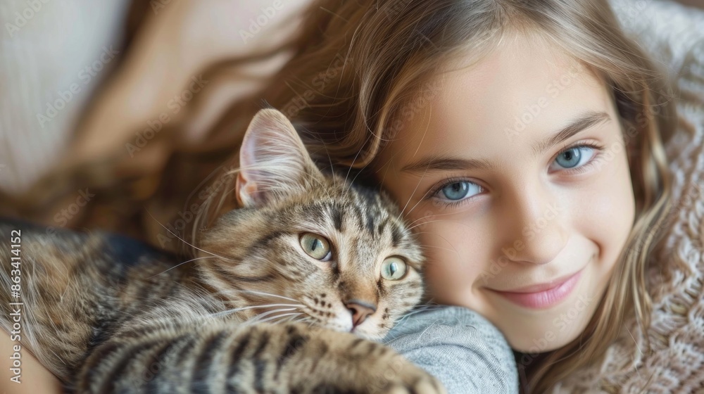 A young girl is hugging a cat. The cat is a tabby and has a green eye. The girl is smiling and he is happy
