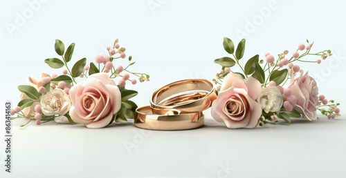 Wedding Rings With Pink Roses And Greenery
