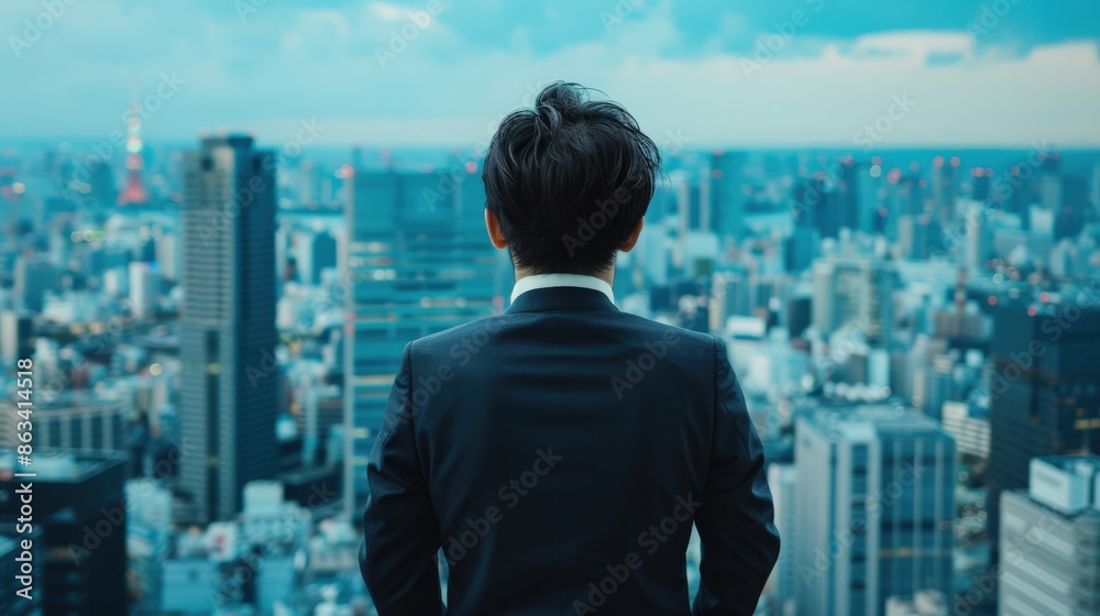 A man in a suit is looking out over a city. Concept of ambition and determination, as the man stands tall and looks out over the urban landscape. The cityscape is a symbol of opportunity and success A man in a suit is looking out over a city. Concept of ambition and determination, as the man stands tall and looks out over the urban landscape. The cityscape is a symbol of opportunity and success