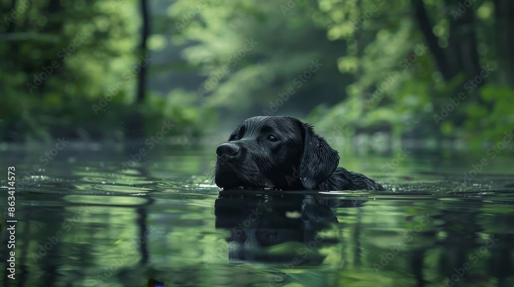 Black German Shorthaired Pointer swimming confidently in a serene lake, surrounded by lush green woodland, reflecting the calmness and beauty of nature Black German Shorthaired Pointer swimming confidently in a serene lake, surrounded by lush green woodland, reflecting the calmness and beauty of nature