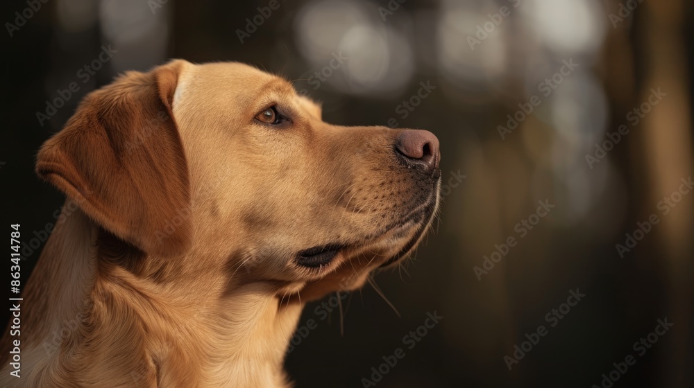 Yellow-brown Labrador Retriever gazing into the distance, in a dark forest with a mix of light and shadow playing across its face, emphasizing its noble features Yellow-brown Labrador Retriever gazing into the distance, in a dark forest with a mix of light and shadow playing across its face, emphasizing its noble features
