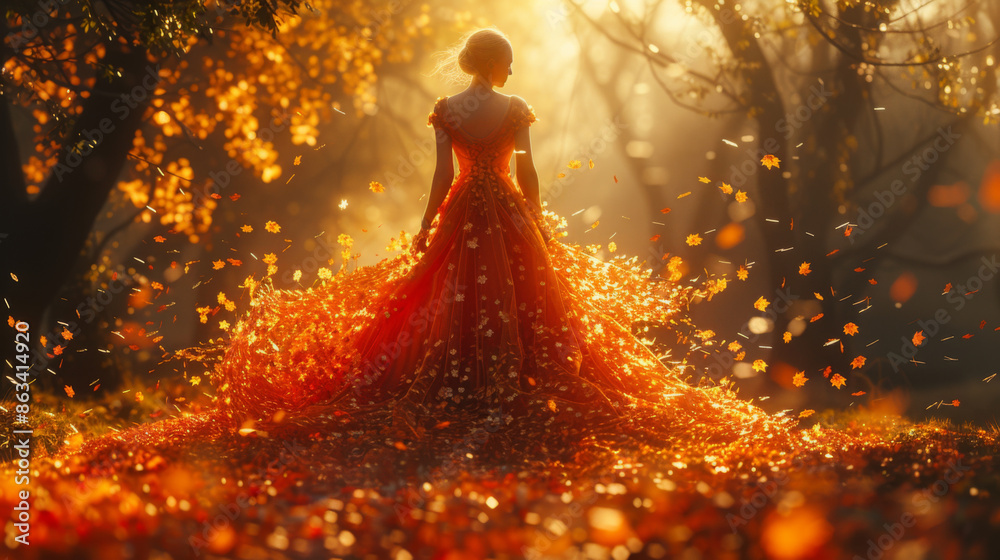 Fashion Autumn Woman, Fall Leaves Dress, Beauty Girl Model in Blowing Gown Fashion Autumn Woman, Fall Leaves Dress, Beauty Girl Model in Blowing Gown