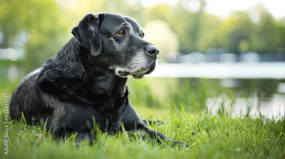Aging black Labrador Retriever lying on fresh green grass, a serene pond in the background, reflecting the tranquility of the scene Aging black Labrador Retriever lying on fresh green grass, a serene pond in the background, reflecting the tranquility of the scene