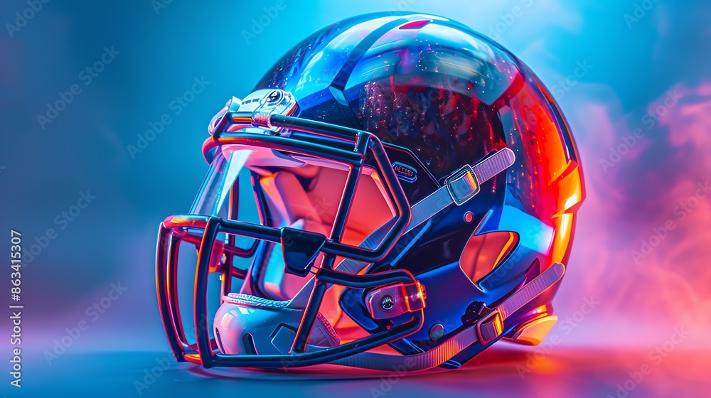 Vibrant and futuristic American football helmet with colorful lighting and smoke effects, showcasing modern sports gear design. Vibrant and futuristic American football helmet with colorful lighting and smoke effects, showcasing modern sports gear design.