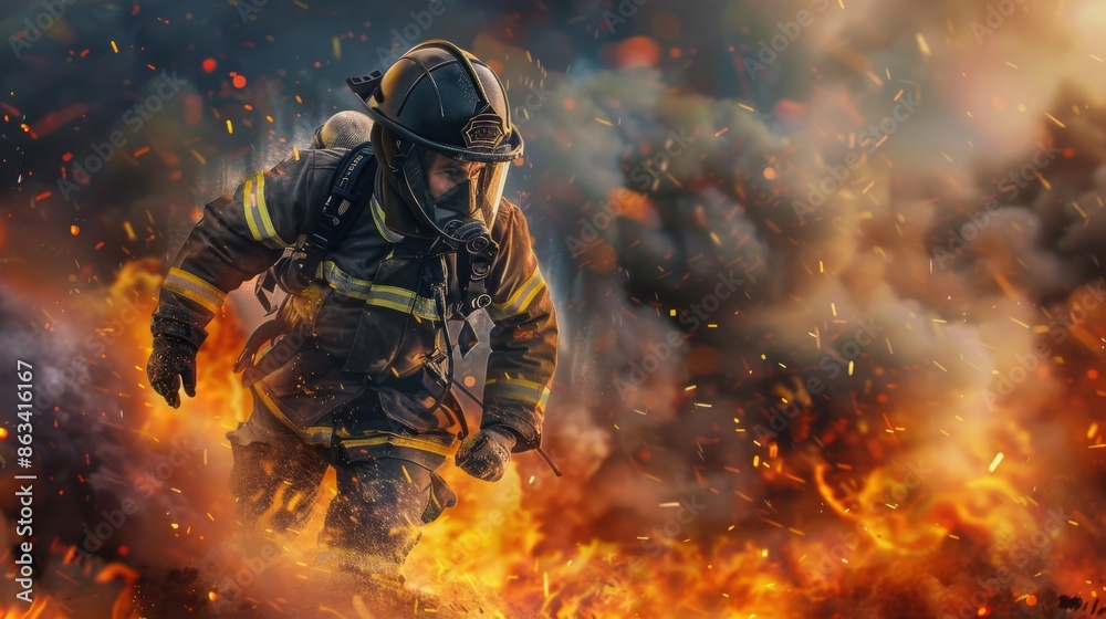 A firefighter is running through a burning building. The scene is intense and dramatic, with the firefighter's helmet and gear clearly visible. The fire is raging and the smoke is thick A firefighter is running through a burning building. The scene is intense and dramatic, with the firefighter's helmet and gear clearly visible. The fire is raging and the smoke is thick