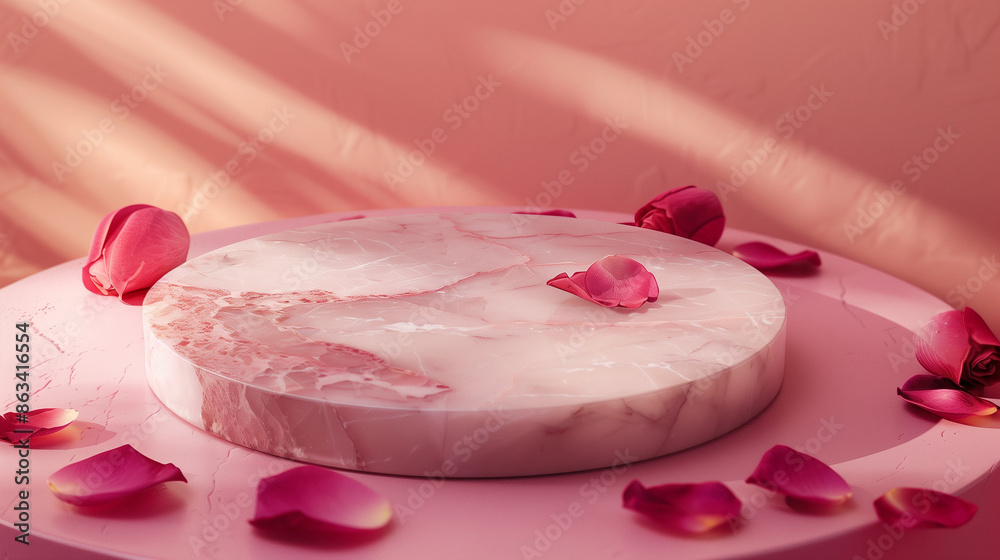rose marble disc resting on a rose coloured table with rose petals lying around, rose wall background, soft light colors rose marble disc resting on a rose coloured table with rose petals lying around, rose wall background, soft light colors