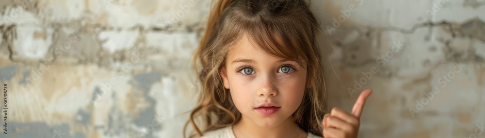 Little girl with blue eyes pointing finger. Little girl with blue eyes pointing finger.