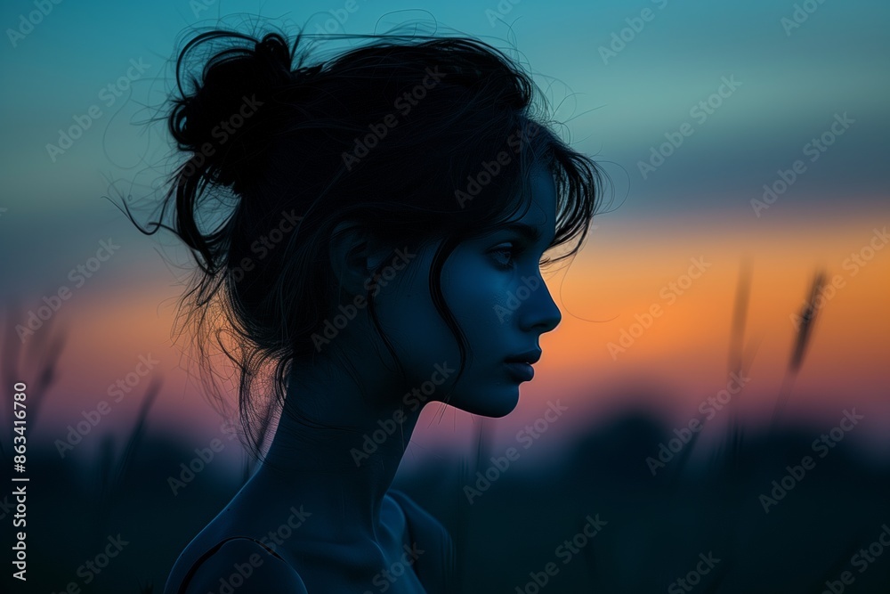 Profile Silhouette of Unknown Sad Woman in Depression Profile Silhouette of Unknown Sad Woman in Depression